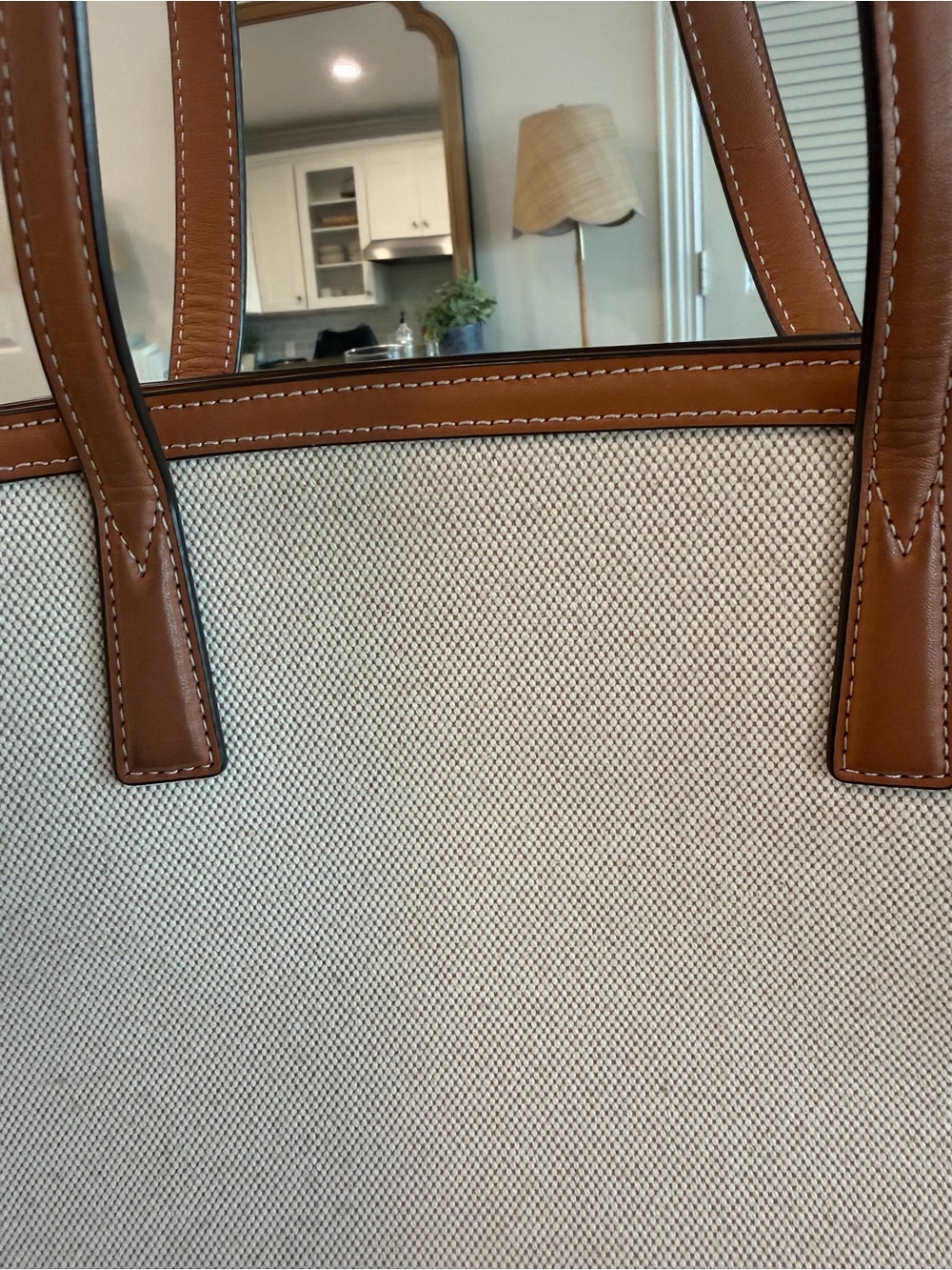 Tory Burch Neutral Canvas Tote with Tan Leather Trim and Striped Strap - Picture 5 of 16